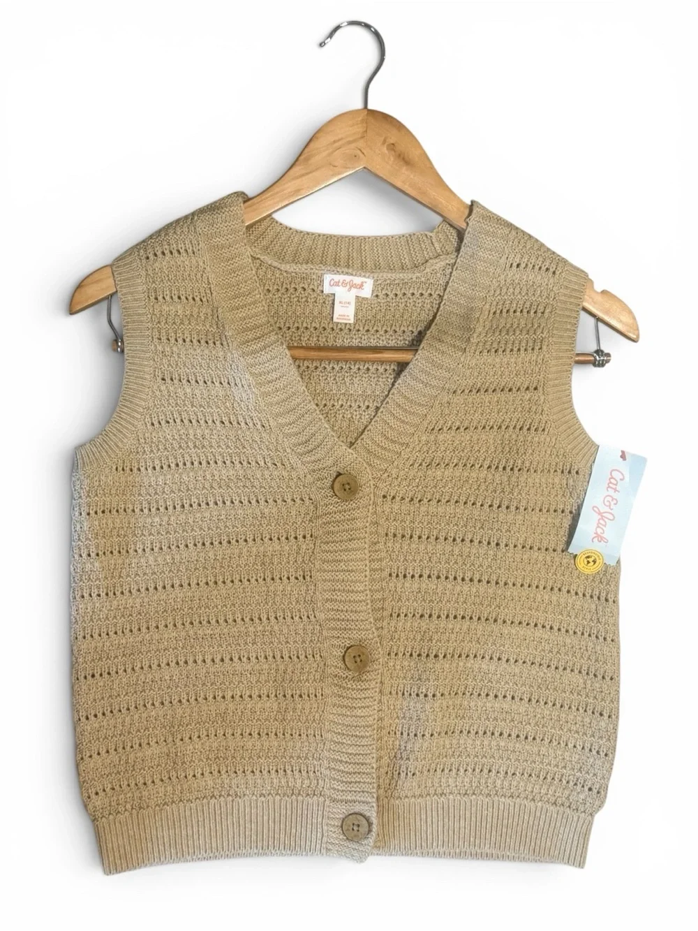NWT Girl’s Cat & Jack Knit Button Up Vest XL 14 Tan